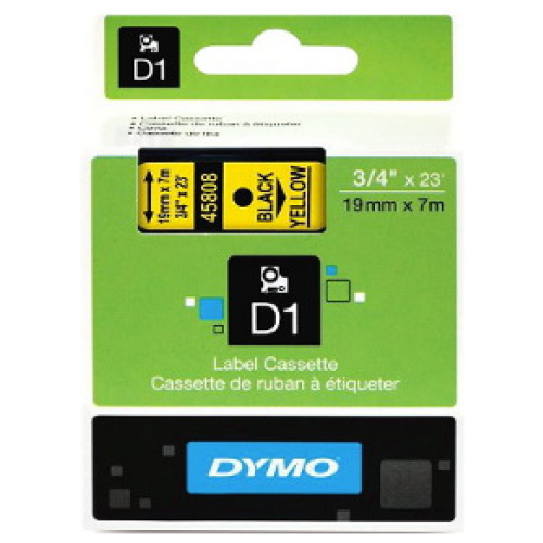 DYMO D1 (SD45808/S0720880) Label Cassette, 19mm x 7m - Black on Yellow