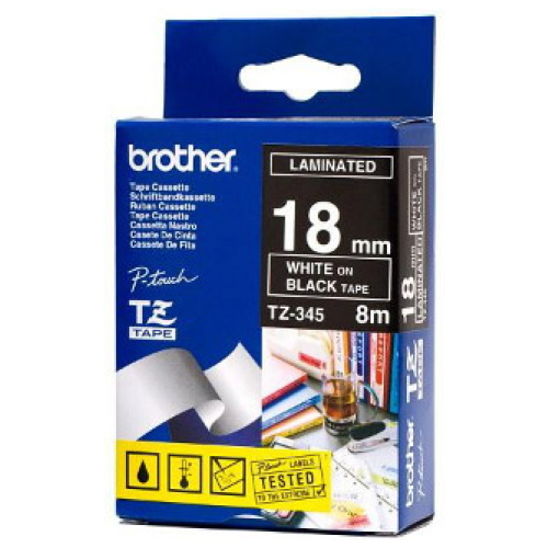 Brother TZ-345 White Printing on Black Tape (18mm Width 8 Metres in Length)