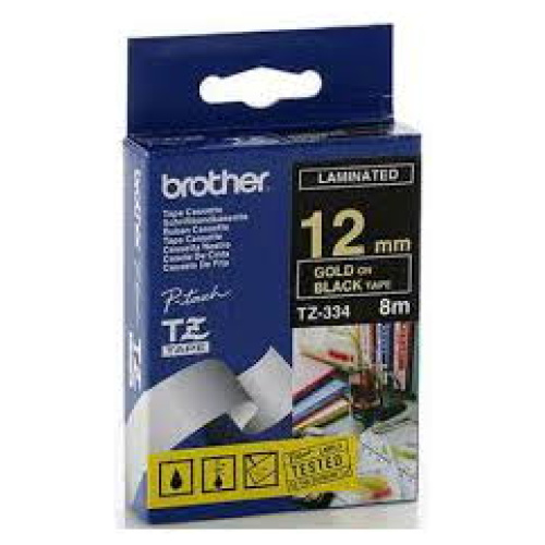 Brother TZ-334 Laminated Gold Printing on Black Tape (12mm Width 8 Metres in Length)