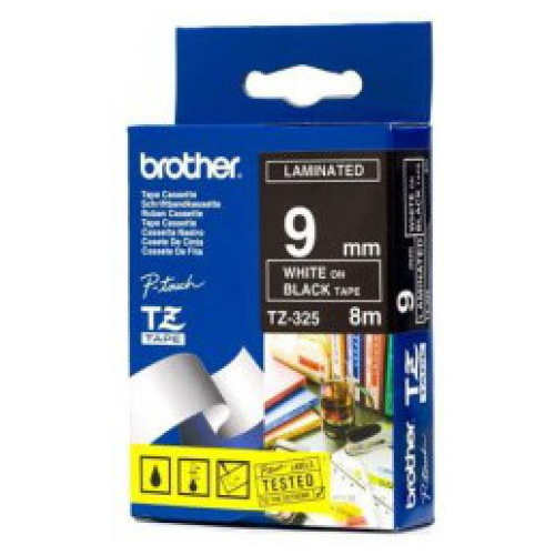 Brother TZ-325 Laminated  White Printing on Black Tape (9mm Width 8 Metres in Length)