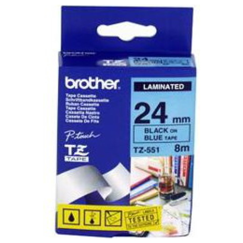 Brother TZ-551 Laminated Black Printing on Blue Tape (24mm Width 8 Metres in Length)