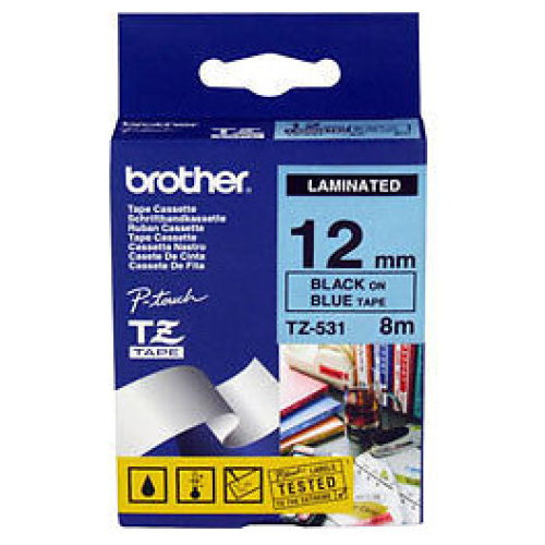 Brother TZ-531 Laminated Black Printing on Blue Tape (12mm Width 8 Metres in Length)