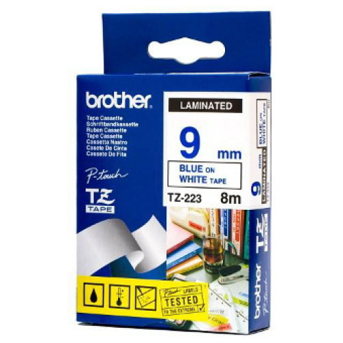 Brother TZ-223 Laminated Blue Printing on White Tape (9mm Width; 8 Metres in Length)