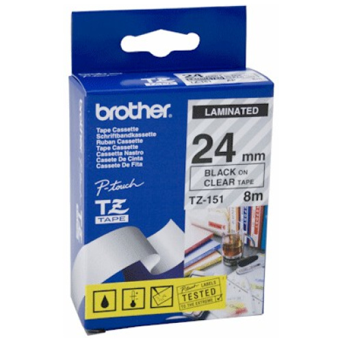 Brother TZ-151 Laminated Black on Clear Tape (24mm Width 8 Metres in Length)