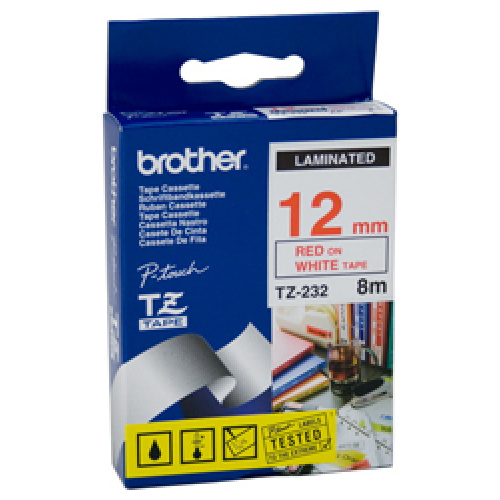 Brother TZ-232 Laminated Red Printing on White Tape (12mm Width 8 Metres in Length)