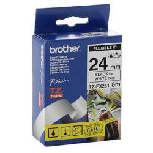 Brother TZ-FX251 Flexible Laminated Black Printing on White Tape (24mm Width, 8 Metres in Length)