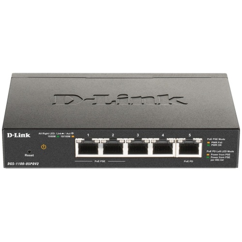 D-Link DGS-1100-05PDV2 5-Port Gigabit PoE-Powered Smart Switch 2 PoE pass-throug