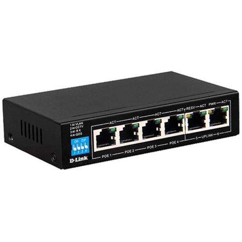 D-Link DGS-F1006P-E 6-Port Gigabit PoE Switch, 4 Long Reach PoE, 2 Uplink