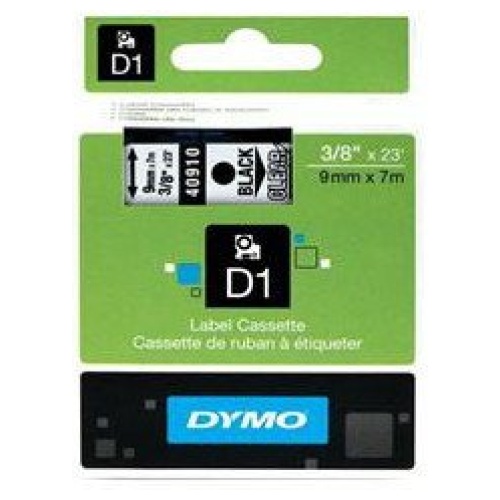 DYMO D1 (SD40910/S0720670) Label Cassette, 9mm x 7m - Black on Clear