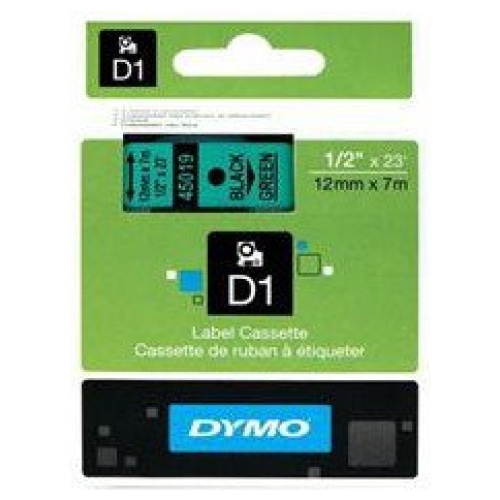 DYMO D1 (SD45019/S0720590) Label Cassette, 12mm x 7m - Black on Green