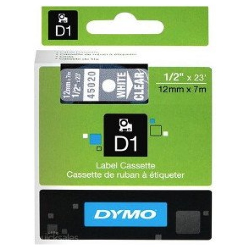 DYMO D1 (SD45020/S0720600) Label Cassette, 12mm x 7m - White on Clear