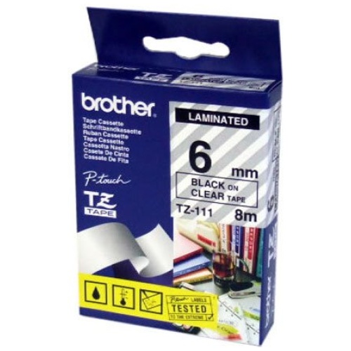 Brother TZ-111 Laminated Black on Clear Tape (6mm W 8M Length)