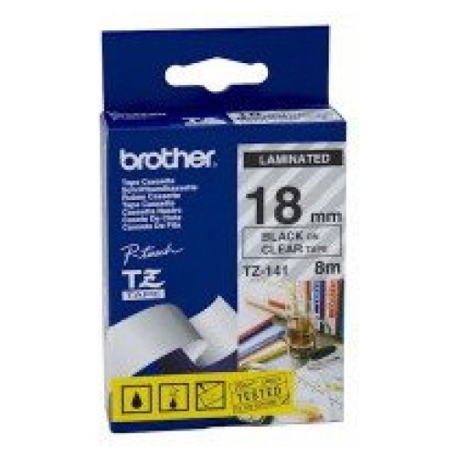 Brother TZ-141 Laminated Black on Clear Tape (18mm Width 8 Metres in Length)