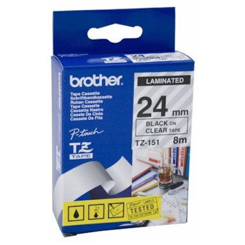 Brother TZ-151 Laminated Black on Clear Tape (24mm Width 8 Metres in Length)
