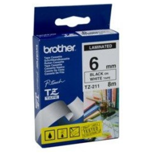 Brother Laminated Black Printing on White Tape (6mm Width 8m Length)