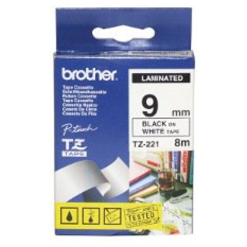 Brother Laminated Black printing on White Tape (9mm Width 8m in Length)