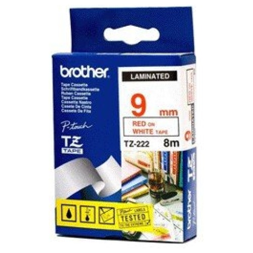Brother TZ-222 Laminated Red Printing on White Tape (9mm Width 8 Metres in Lengt